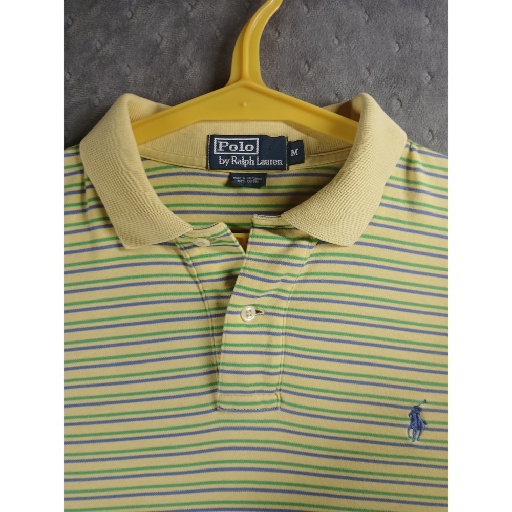 Polo Ralph Lauren Mens Medium Yellow Green Blue Striped Short Sleeve Polo Shirt